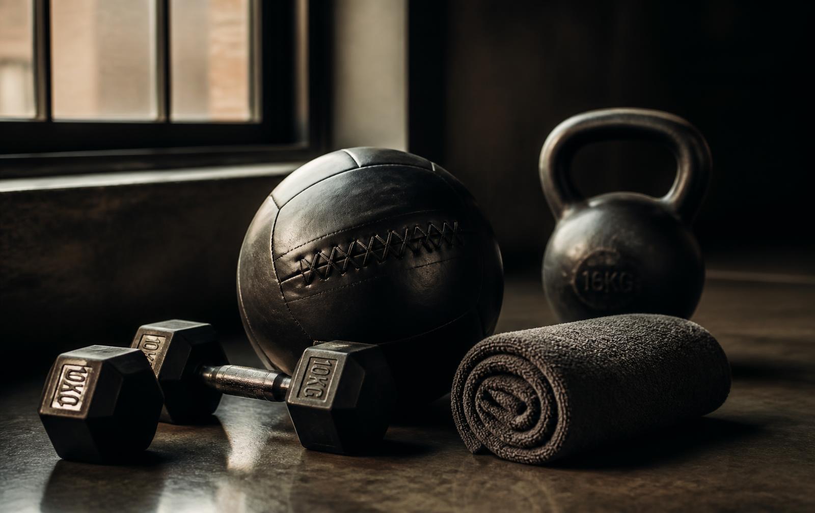 Medicine ball, dumbbells and kettlebell in a quiet gym