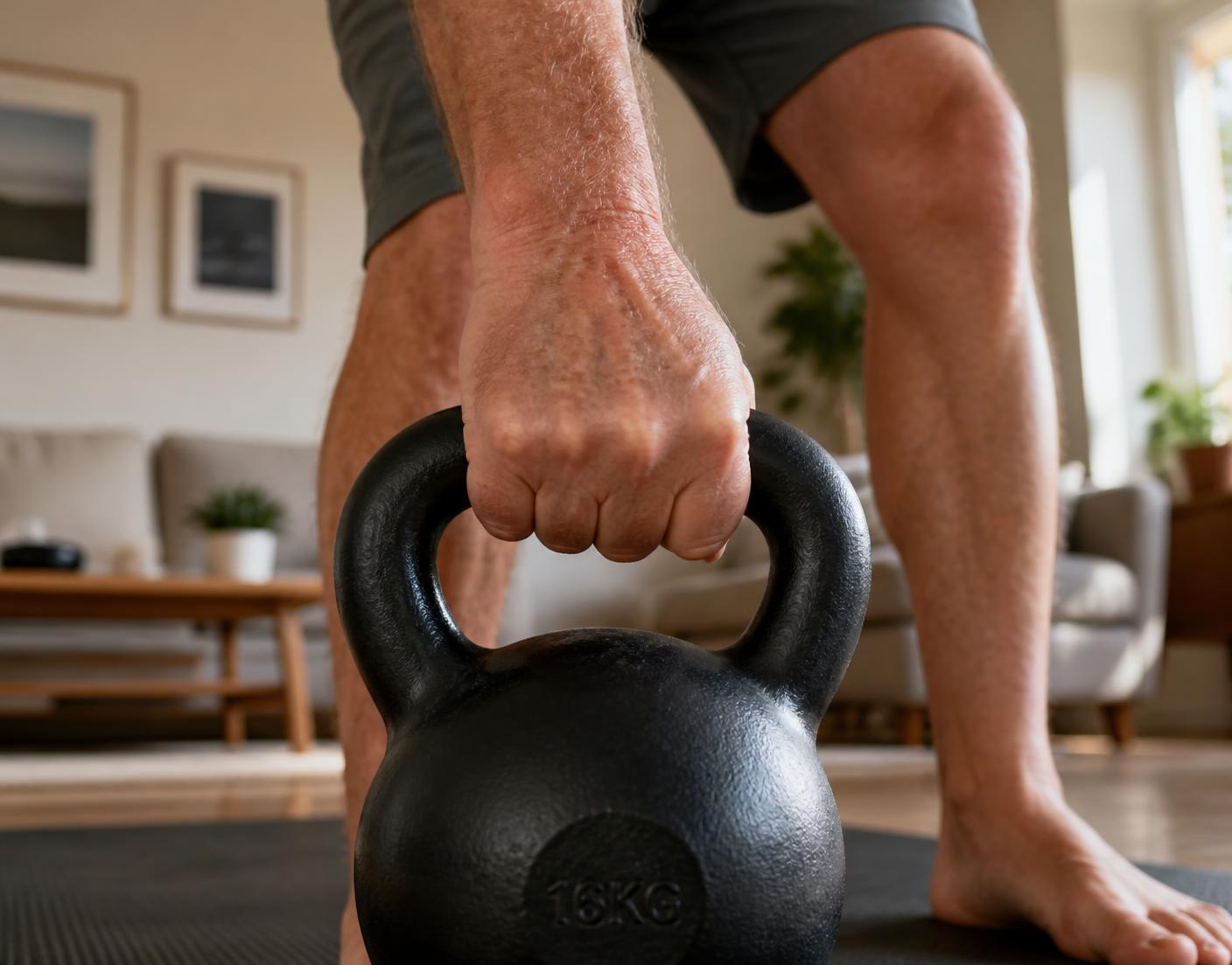 A hand gripping a kettlebell during an in-home training session