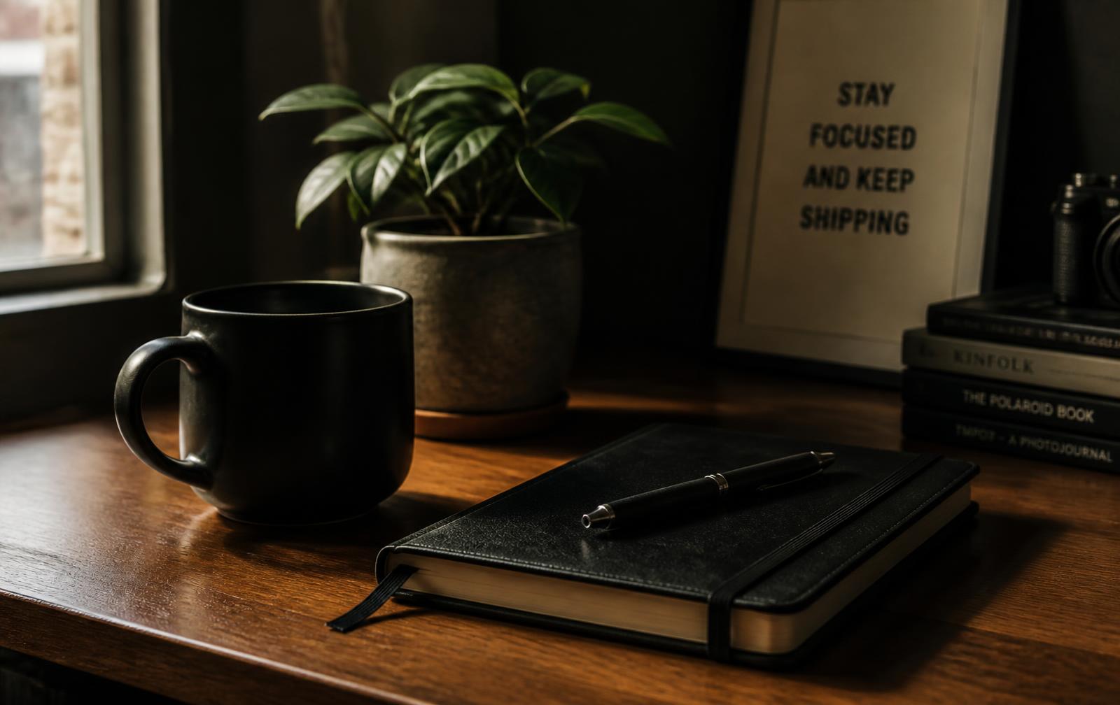 Black coffee mug, notebook and pen on a warm-lit desk